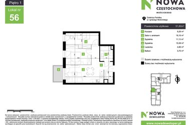 Rzut - Mieszkanie na sprzedaż 3 pokoje o powierzchni 51,6 m² - numer M56 w Nowa Częstochowa Mościckiego