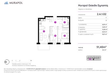 Rzut - Mieszkanie na sprzedaż 2 pokoje o powierzchni 51,4 m² - numer 2.A.1.02 w Murapol Osiedle Dynamiq