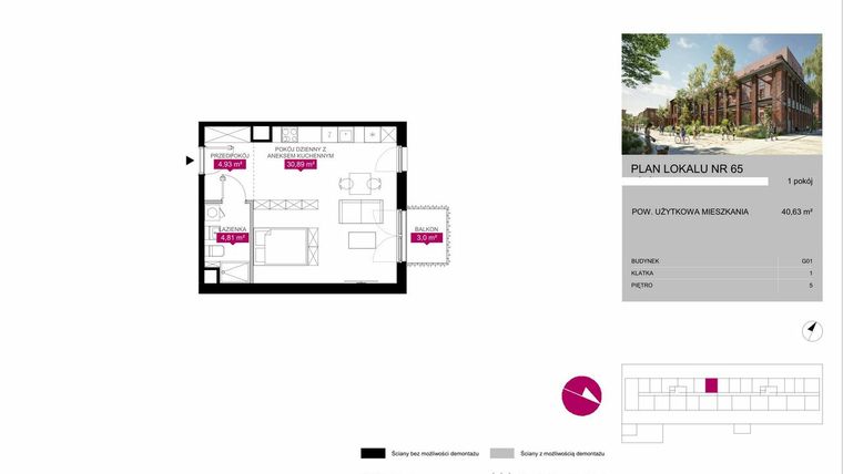 Rzut - Mieszkanie na sprzedaż 1 pokój o powierzchni 40,7 m² - numer G1.65 w Fuzja Mieszkania Loftowe