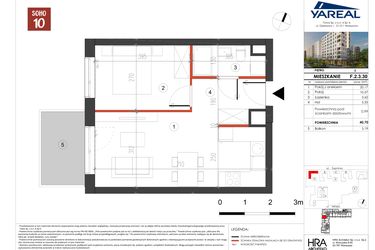 Rzut - Mieszkanie na sprzedaż 2 pokoje o powierzchni 40,7 m² - numer F.2.3.30 w SOHO by Yareal (SOHO 10)