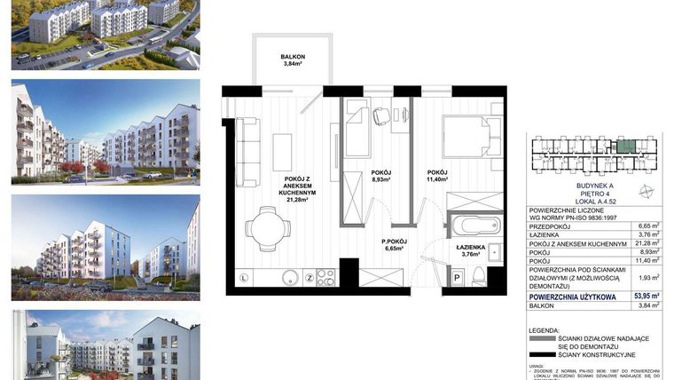 Rzut - Mieszkanie na sprzedaż 3 pokoje o powierzchni 53,95 m² - numer A.4.52 w Skandinavia