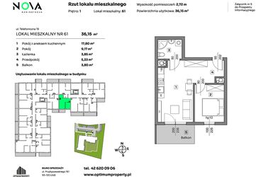 Rzut - Mieszkanie na sprzedaż 2 pokoje o powierzchni 36,15 m² - numer 61 w Nova Radiostacja