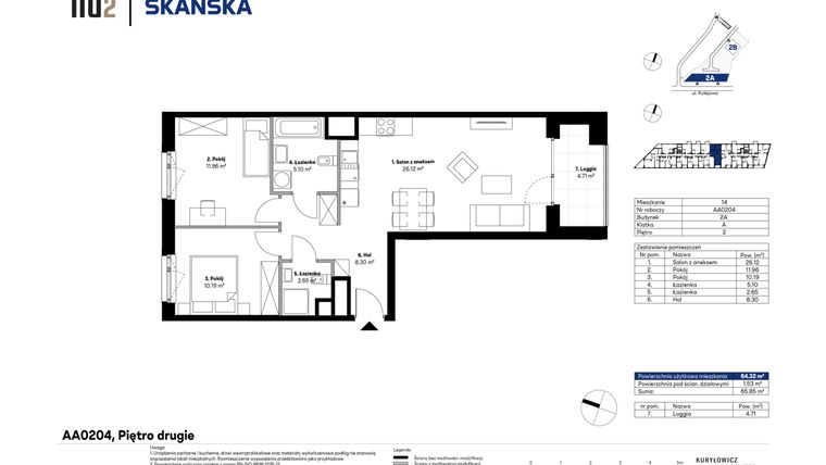 Rzut - Mieszkanie na sprzedaż 3 pokoje o powierzchni 64,32 m² - numer AA0204 w NU2 Warszawa Wola - apartamenty wykończone pod klucz