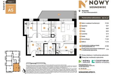 Rzut - Mieszkanie na sprzedaż 4 pokoje o powierzchni 69,74 m² - numer A5 w Nowy Sosnowiec
