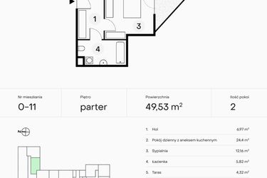 Rzut - Mieszkanie na sprzedaż 2 pokoje o powierzchni 49,53 m² - numer 0-11 w Pączka 1
