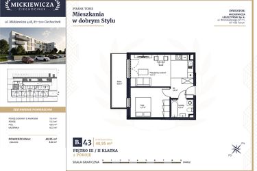 Rzut - Mieszkanie na sprzedaż 2 pokoje o powierzchni 40,95 m² - numer B43 w Mickiewicza