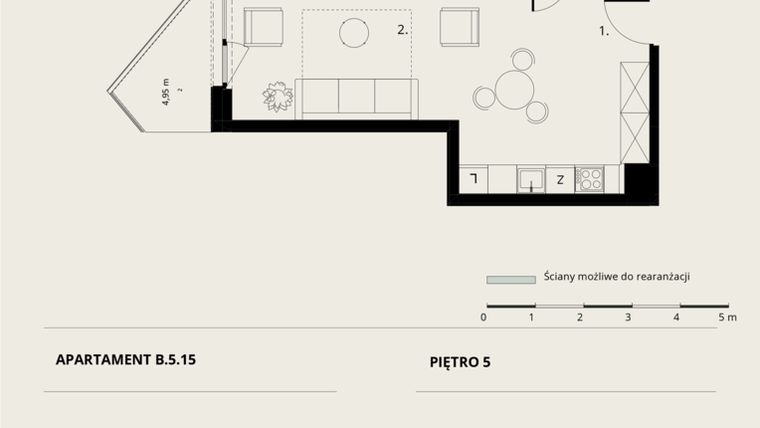 Rzut - Mieszkanie na sprzedaż 1 pokój o powierzchni 36,69 m² - numer B/5/15 w Ogrodowa 12