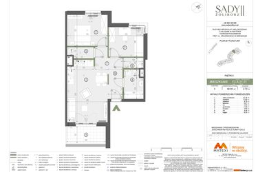 Rzut - Mieszkanie na sprzedaż 3 pokoje o powierzchni 62,09 m² - numer F2.A.01.01 w Sady Żoliborz II