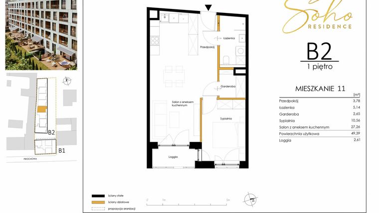 Rzut - Mieszkanie na sprzedaż 2 pokoje o powierzchni 49,39 m² - numer B2.11 w SoHo Residence II