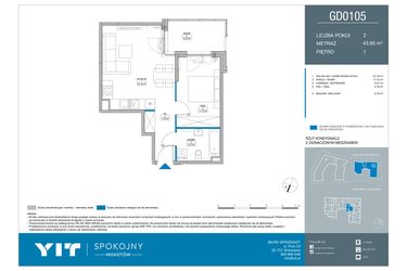 Rzut - Mieszkanie na sprzedaż 2 pokoje o powierzchni 43,95 m² - numer GD0105 w Spokojny Mokotów etap II