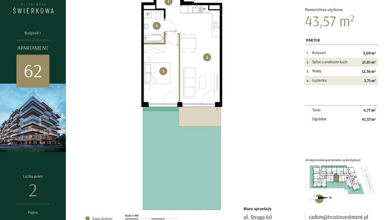 Rzut - Mieszkanie na sprzedaż 2 pokoje o powierzchni 43,57 m² - numer 62 w Rezydencja Świerkowa
