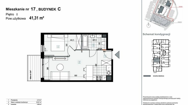 Rzut - Mieszkanie na sprzedaż 2 pokoje o powierzchni 41,31 m² - numer C.M17 w Apartamenty Kopernika