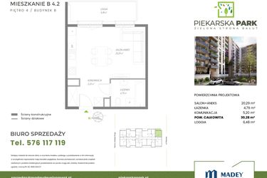 Rzut - Mieszkanie na sprzedaż 1 pokój o powierzchni 30,28 m² - numer B4.2 w Piekarska Park