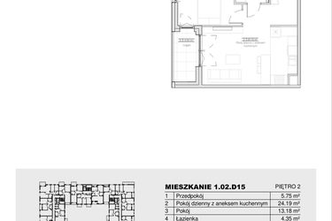 Rzut - Mieszkanie na sprzedaż 2 pokoje o powierzchni 47,47 m² - numer 1.02.D15 w Ogrody Andersa III