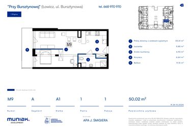 Rzut - Mieszkanie na sprzedaż 1 pokój o powierzchni 50,02 m² - numer 9A w Przy Bursztynowej