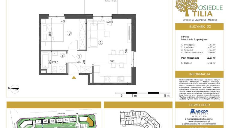 Rzut - Mieszkanie na sprzedaż 2 pokoje o powierzchni 42,27 m² - numer D2/2/12 w Osiedle Tilia