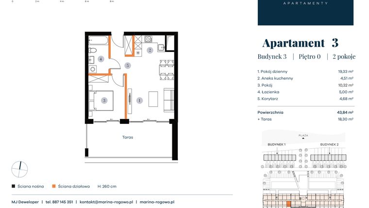 Rzut - Mieszkanie na sprzedaż 2 pokoje o powierzchni 43,84 m² - numer 3 w Apartamenty Marina Rogowo