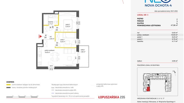 Rzut - Mieszkanie na sprzedaż 3 pokoje o powierzchni 47,96 m² - numer 6 w Neo Nova Ochota 4