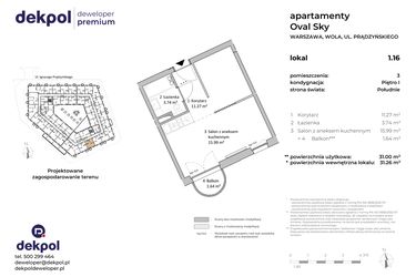 Rzut - Mieszkanie na sprzedaż 1 pokój o powierzchni 31 m² - numer 1.16 w OVAL SKY