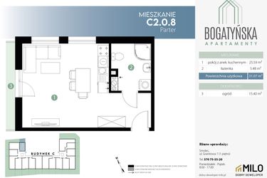 Rzut - Mieszkanie na sprzedaż 1 pokój o powierzchni 30,62 m² - numer C2.0.8 w Bogatyńska Apartamenty etap 3