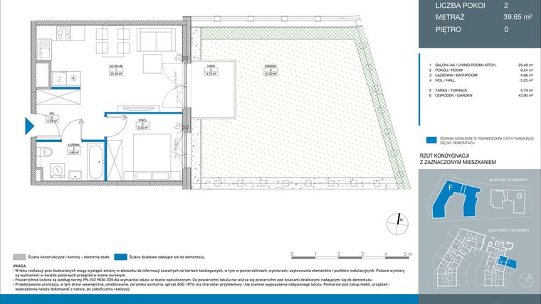 Rzut - Mieszkanie na sprzedaż 2 pokoje o powierzchni 39,65 m² - numer FB0001 w Spokojny Mokotów etap II
