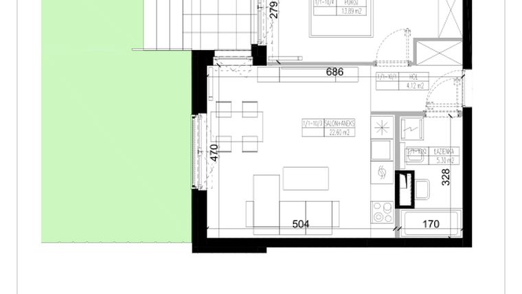 Rzut - Mieszkanie na sprzedaż 2 pokoje o powierzchni 45,91 m² - numer 1.10 w Ogrody Wiślane etap VI