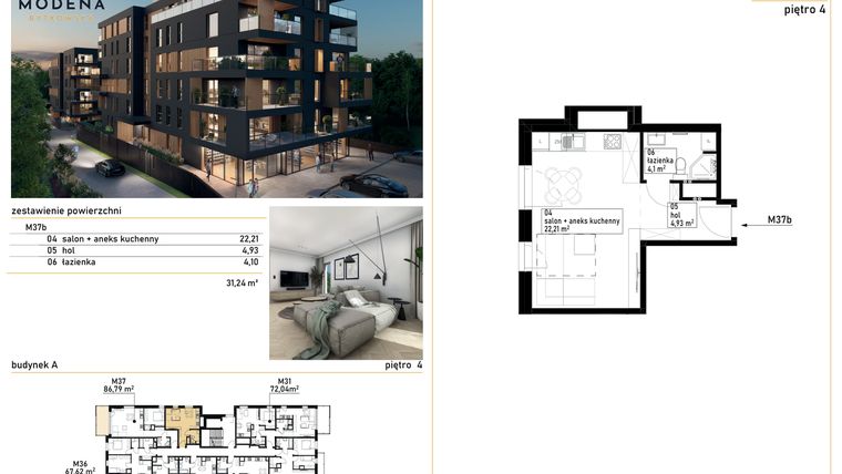 Rzut - Mieszkanie na sprzedaż 1 pokój o powierzchni 31,24 m² - numer M37b w Modena Bytkowska 113