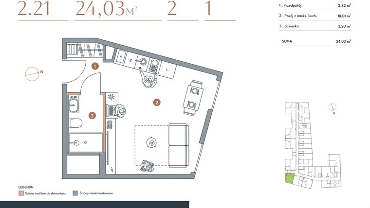 Rzut - Mieszkanie na sprzedaż 1 pokój o powierzchni 24,03 m² - numer 2.21 w Starowiejska 3