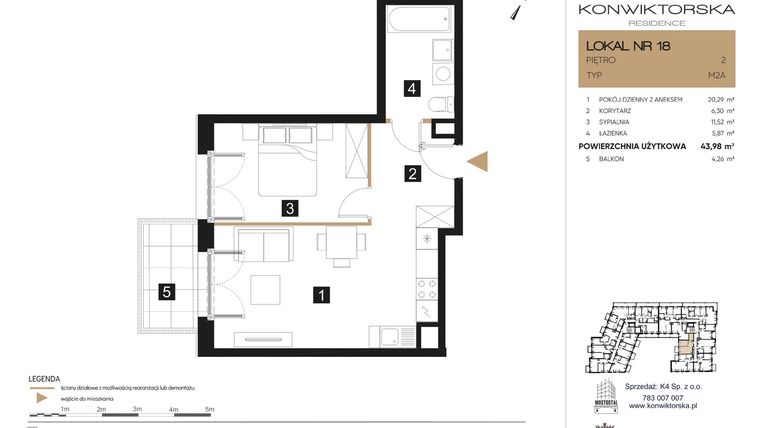 Rzut - Mieszkanie na sprzedaż 2 pokoje o powierzchni 43,98 m² - numer 18 w Konwiktorska Residence