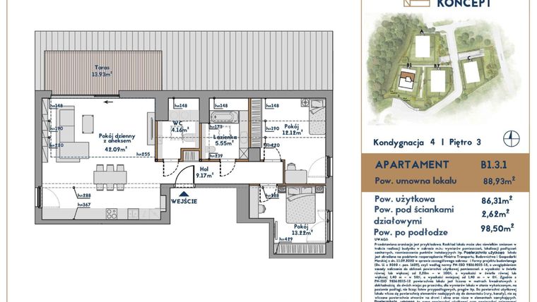 Rzut - Mieszkanie na sprzedaż 3 pokoje o powierzchni 88,93 m² - numer B1.3.1 w Oliva Koncept II