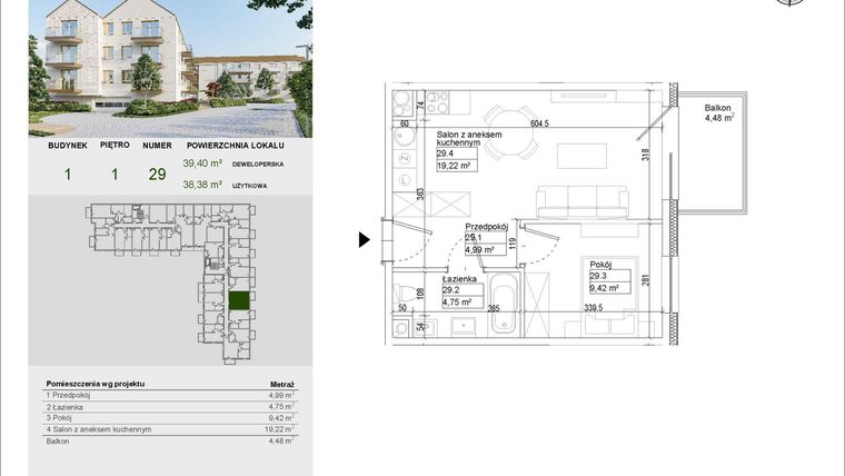 Rzut - Mieszkanie na sprzedaż 2 pokoje o powierzchni 38,38 m² - numer A29 w Aleja Mickiewicza