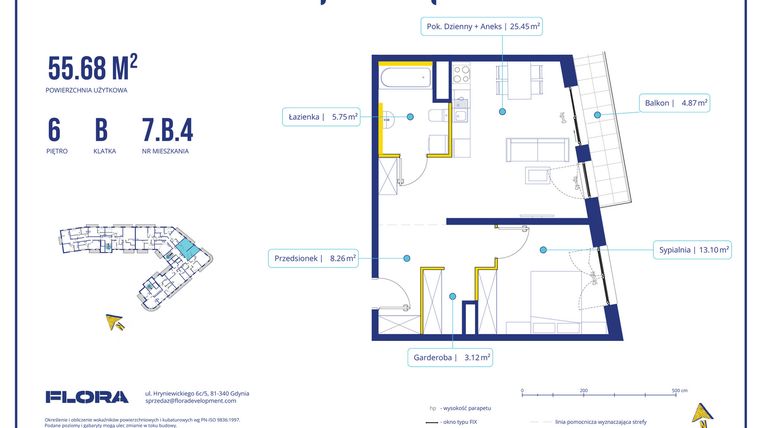 Rzut - Mieszkanie na sprzedaż 2 pokoje o powierzchni 55,68 m² - numer 7.B.4 w Piotra 4