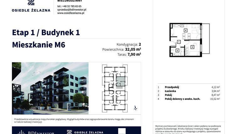 Rzut - Mieszkanie na sprzedaż 2 pokoje o powierzchni 32,07 m² - numer M06 w Osiedle Żelazna