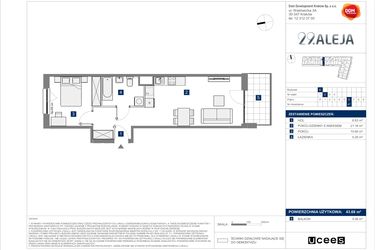 Rzut - Mieszkanie na sprzedaż 2 pokoje o powierzchni 45,92 m² - numer E.46 w 29. Aleja etap 2
