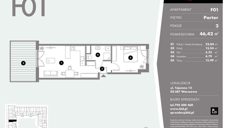 Rzut - Mieszkanie na sprzedaż 2 pokoje o powierzchni 46,42 m² - numer F01 w Livo