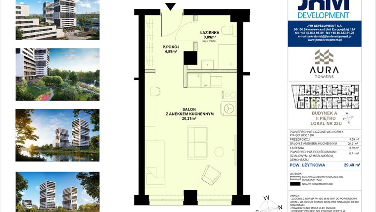 Rzut - Mieszkanie na sprzedaż 1 pokój o powierzchni 29,04 m² - numer A.2.23U w Aura Towers