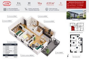 Rzut - Mieszkanie na sprzedaż 3 pokoje o powierzchni 47,93 m² - numer 14 w Tęczowy Zakątek F-15
