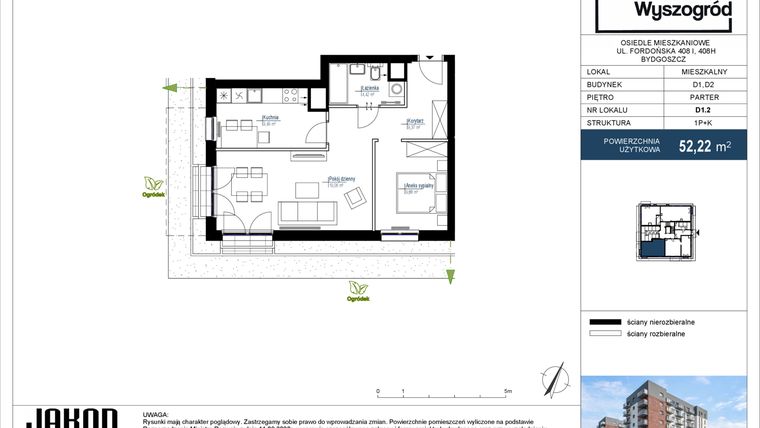 Rzut - Mieszkanie na sprzedaż 1 pokój o powierzchni 52,22 m² - numer D1.2 w Nowy Wyszogród etap III