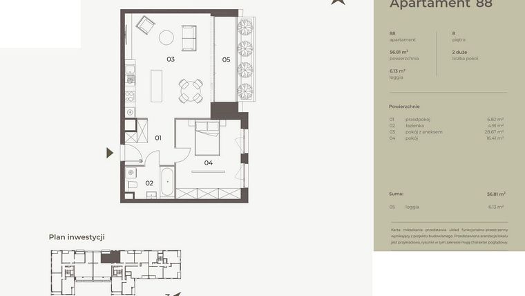 Rzut - Mieszkanie na sprzedaż 2 pokoje o powierzchni 56,81 m² - numer 88 w Monument
