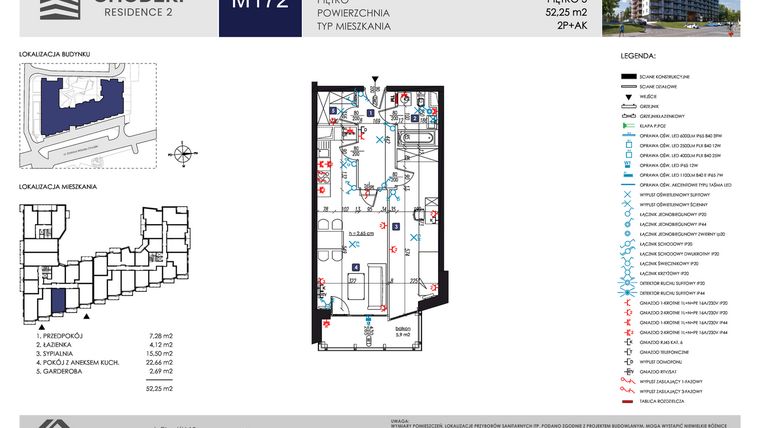Rzut - Mieszkanie na sprzedaż 2 pokoje o powierzchni 52,25 m² - numer M172 w Chodźki Residence 2