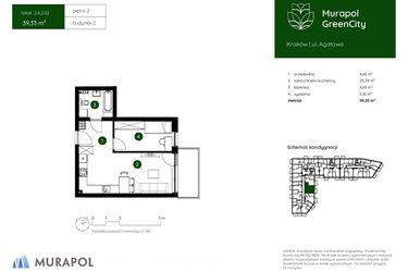 Rzut - Mieszkanie na sprzedaż 2 pokoje o powierzchni 39,33 m² - numer 2.A.2.02 w Murapol GreenCity bud. 2