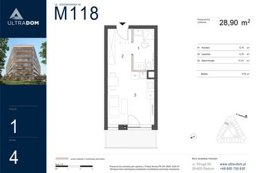 Rzut - Mieszkanie na sprzedaż 1 pokój o powierzchni 28,9 m² - numer M118 w Ultradom