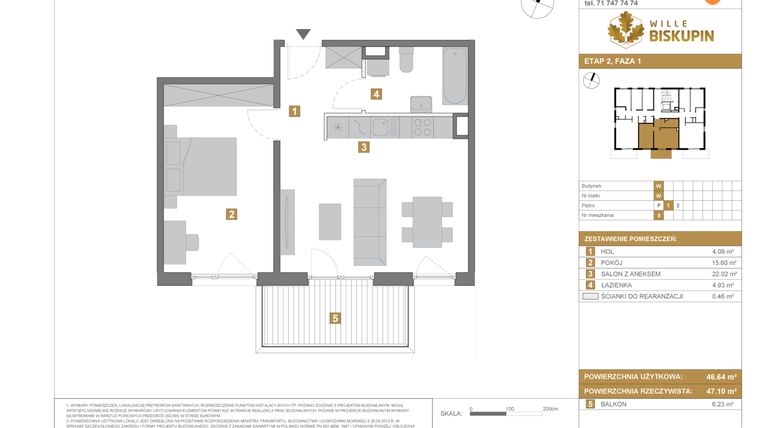 Rzut - Mieszkanie na sprzedaż 2 pokoje o powierzchni 46,64 m² - numer W5 w Wille Biskupin Etap 2.1