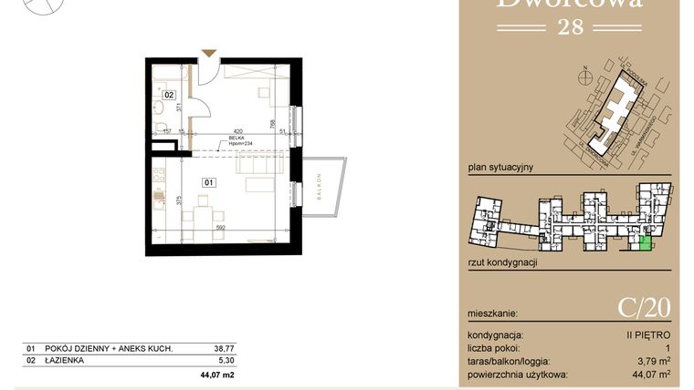 Rzut - Mieszkanie na sprzedaż 1 pokój o powierzchni 44,36 m² - numer C20 w Dworcowa 28