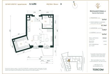 Rzut - Mieszkanie na sprzedaż 1 pokój o powierzchni 39,52 m² - numer A/3/06 w Bernardyńska 4