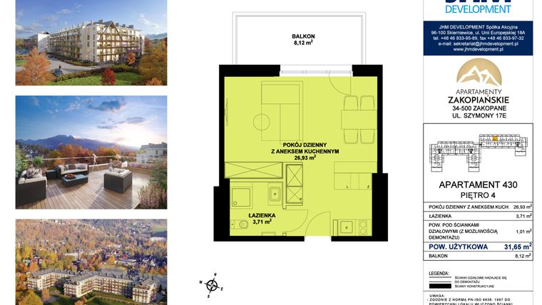 Rzut - Mieszkanie na sprzedaż 1 pokój o powierzchni 31,66 m² - numer 430 w Apartamenty Zakopiańskie