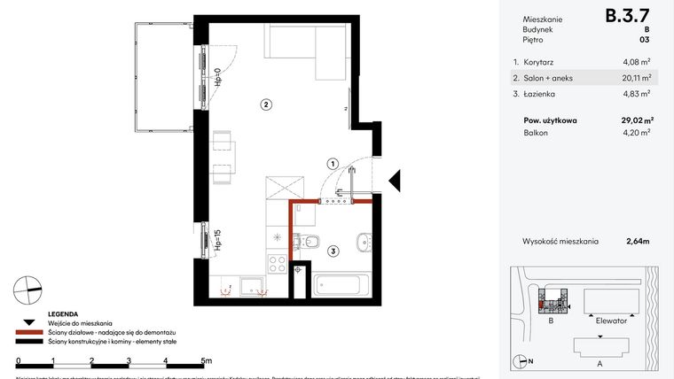 Rzut - Mieszkanie na sprzedaż 1 pokój o powierzchni 29,02 m² - numer B.3.7 w Elewator - Mieszkania i Lofty