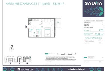 Rzut - Mieszkanie na sprzedaż 1 pokój o powierzchni 33,49 m² - numer C.63 w Osiedle Salvia