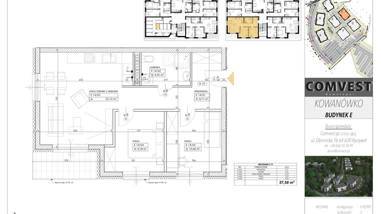 Rzut - Mieszkanie na sprzedaż 3 pokoje o powierzchni 57,58 m² - numer E14 w Kowanówko