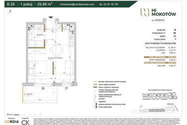 Rzut - Mieszkanie na sprzedaż 1 pokój o powierzchni 28,9 m² - numer A1.B.26 w Hi Mokotów